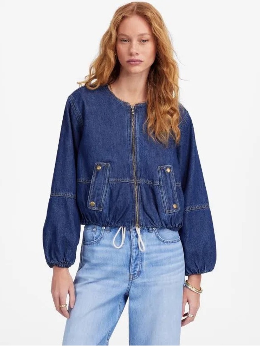 Madewell Bubble-Sleeve Jean Bomber Jacket in Newkirk Dark Wash Denim XL